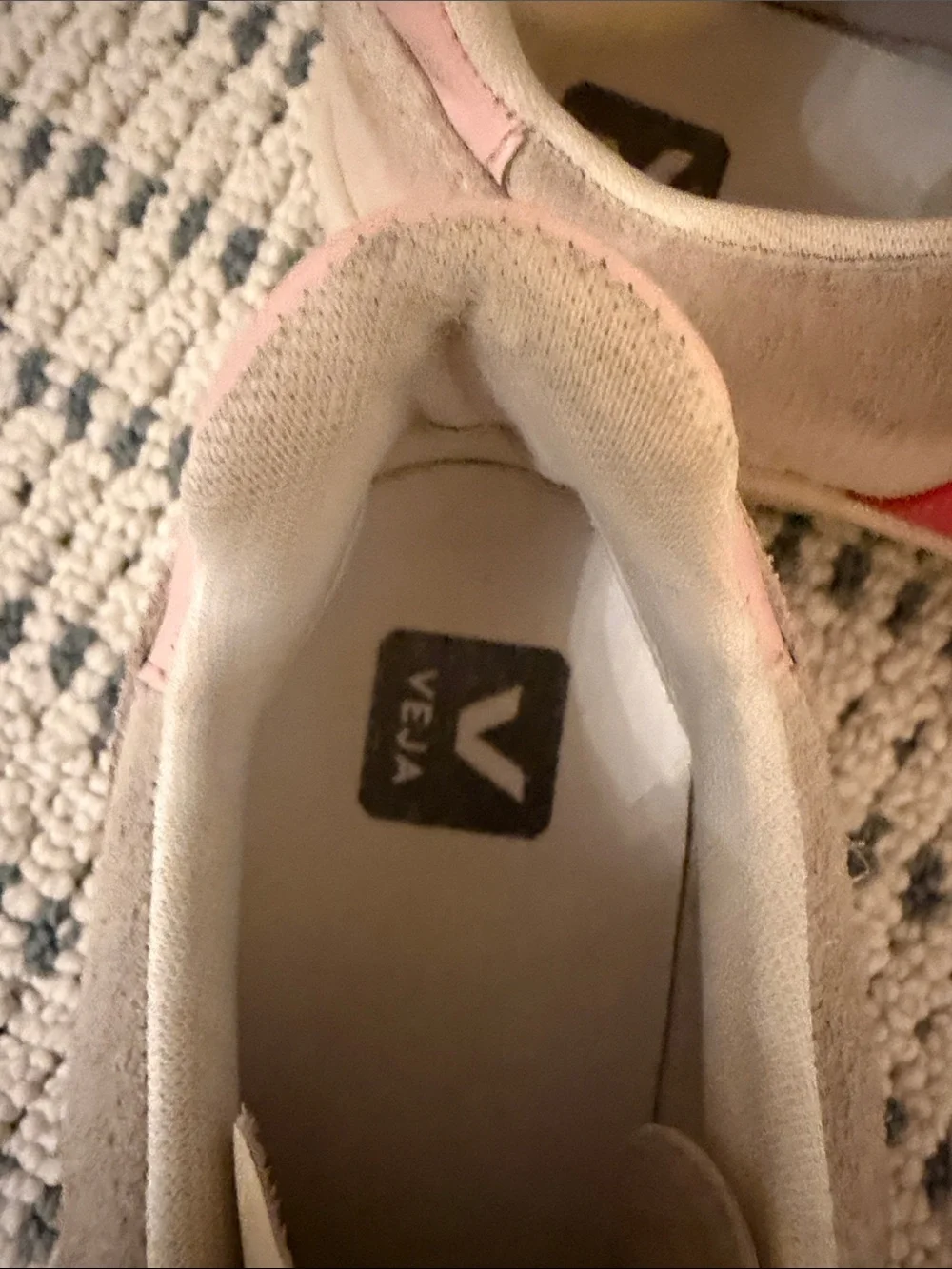 Veja Beige Sneakers with Pink Heel and Red Side V Logo